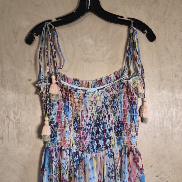 Multi-Color Smocked Tiered Midi Dress with Tassel Straps - Picture 2 of 5